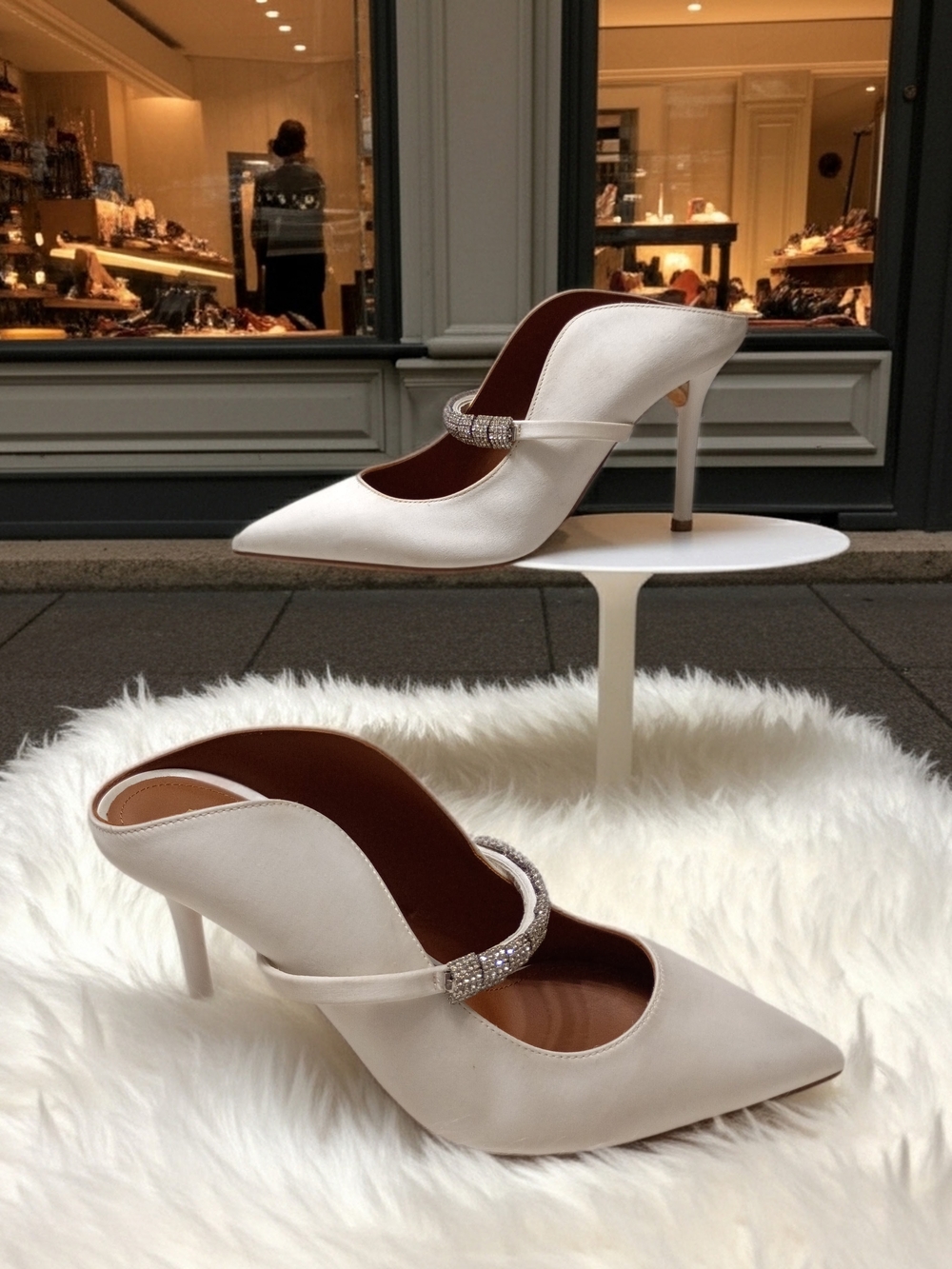 Elegant Malone Souliers Pointed-Toe White Satin Mules with Rhinestone Strap